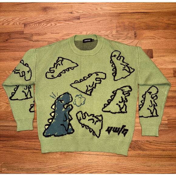 VAMTAC Dinosaur Knit Crew Sweater Unisex Size XL Green Cartoon Pattern - Picture 1 of 6